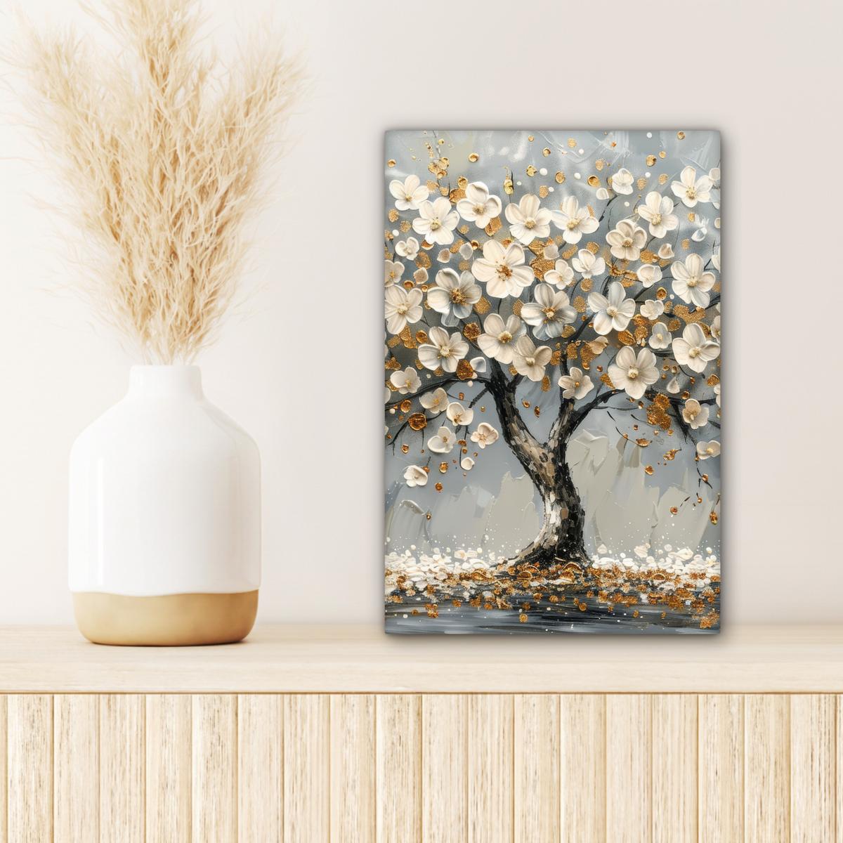 LEINWANDBILD Baum - Blumen - Weiß - Natur - Kunst Deko Wohnzimmer 20x30 cm - Weiß, Textil (20/30cm) - MuchoWow