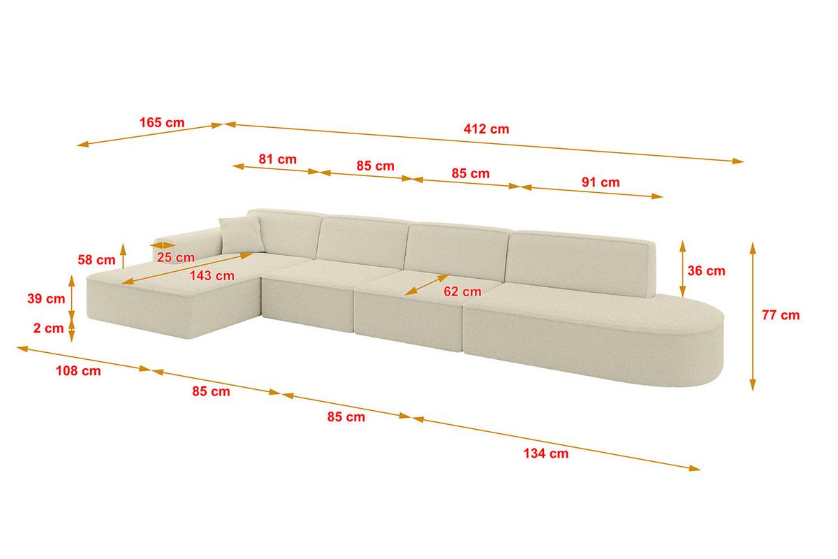 ECKSOFA Ottomane Links IREA-L3-v3 - 412x165x77 cm Beige - Hellbraun/Creme, Holzwerkstoff/Textil (412/165cm) - ALTDECOR