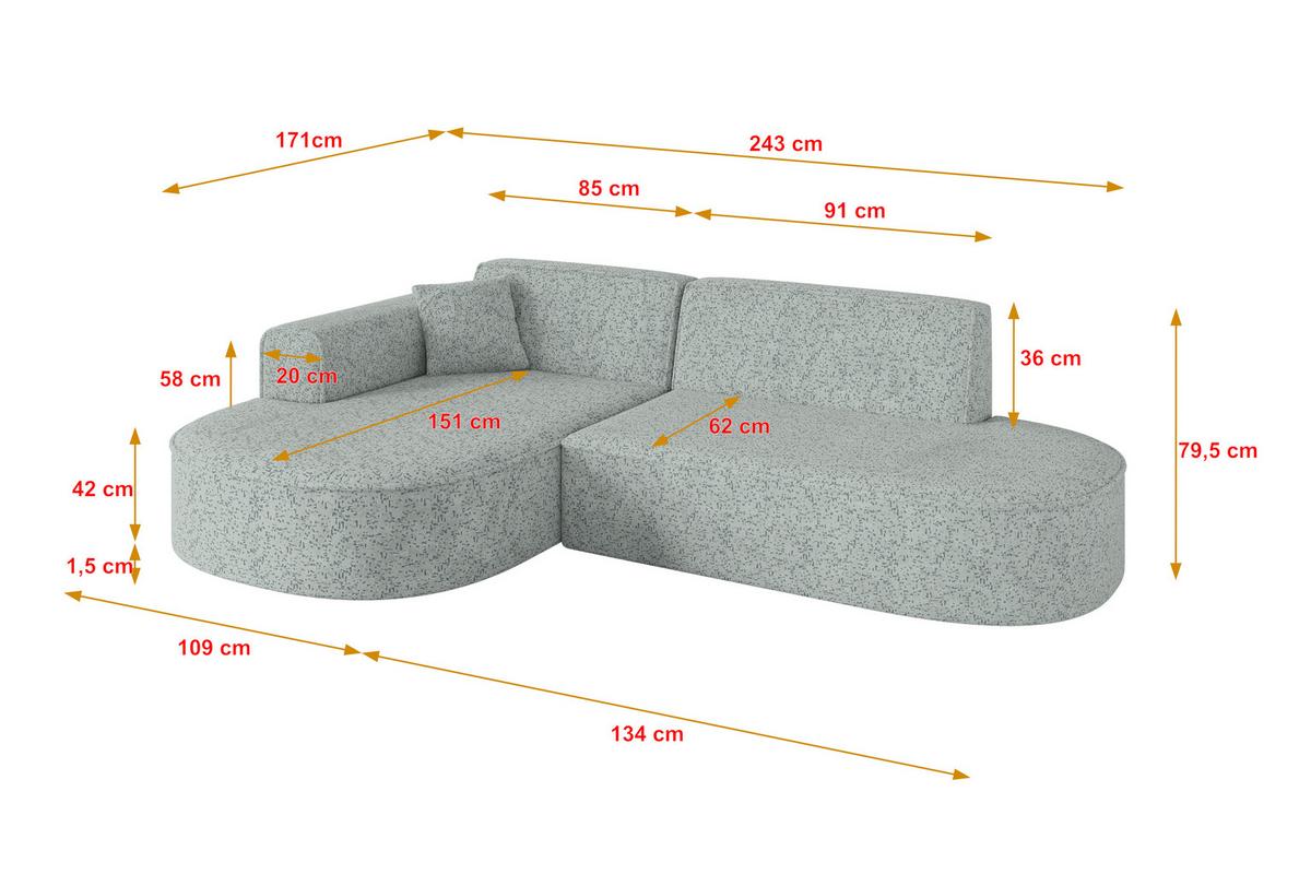 ECKSOFA Ottomane Links MARI-L1 - 243x171x79 cm Grün Tissu - Wildeiche/Schwarz, Holzwerkstoff/Kunststoff (243/171cm) - ALTDECOR