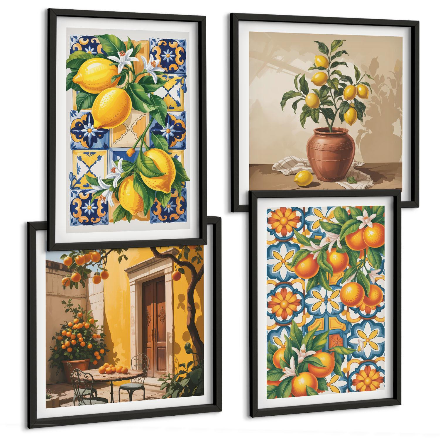 BILDER SET 4er Set - 50x50 cm & 40x60 cm Schwarzer Rahmen - Zitronenorange Blütenmuster - Schwarz, Kunststoff (50/50cm) - TULUP