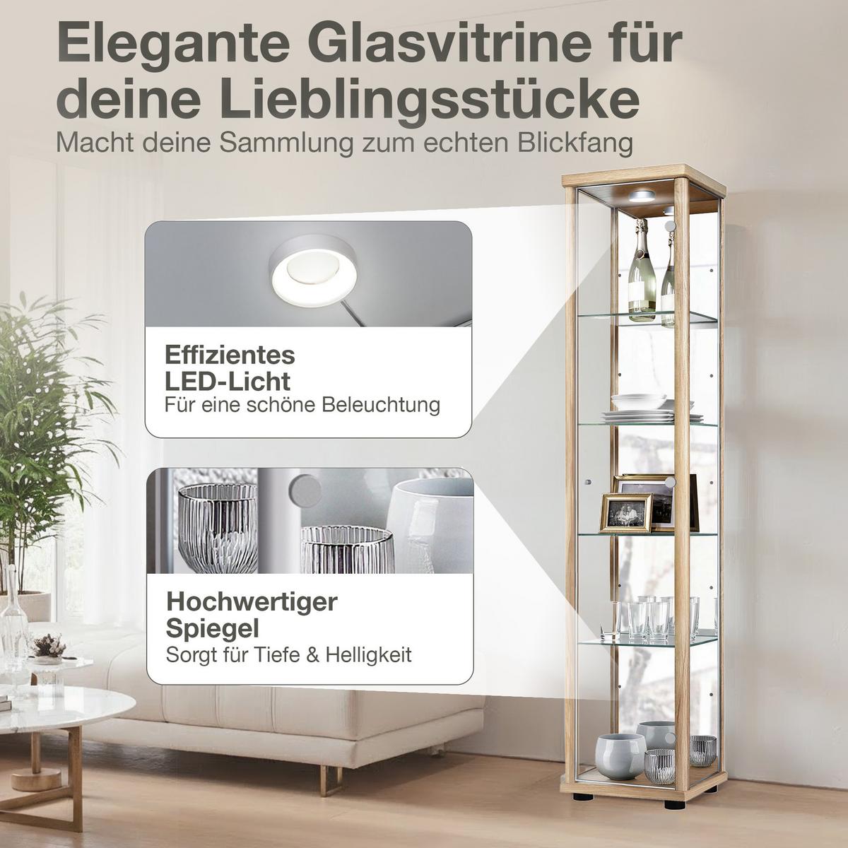 GLASVITRINE 33/37/176 cm mit Spiegel, LED & 4 höhenverstellbaren Glasböden - Transparent/Silberfarben, Glas/Holzwerkstoff (37/176/33cm) - K-Möbel