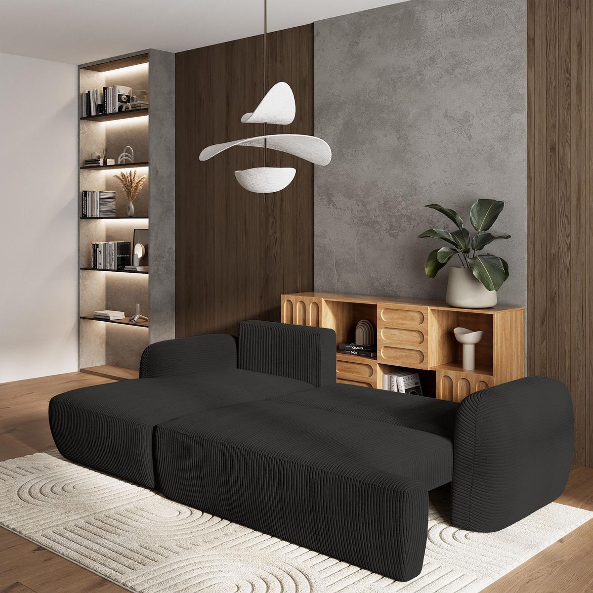ECKSOFA MODENZA P L-S Schwarz Kordstoff mit Schlaffunktion - Schwarz, Holz/Kunststoff (266/148cm) - MASSENO