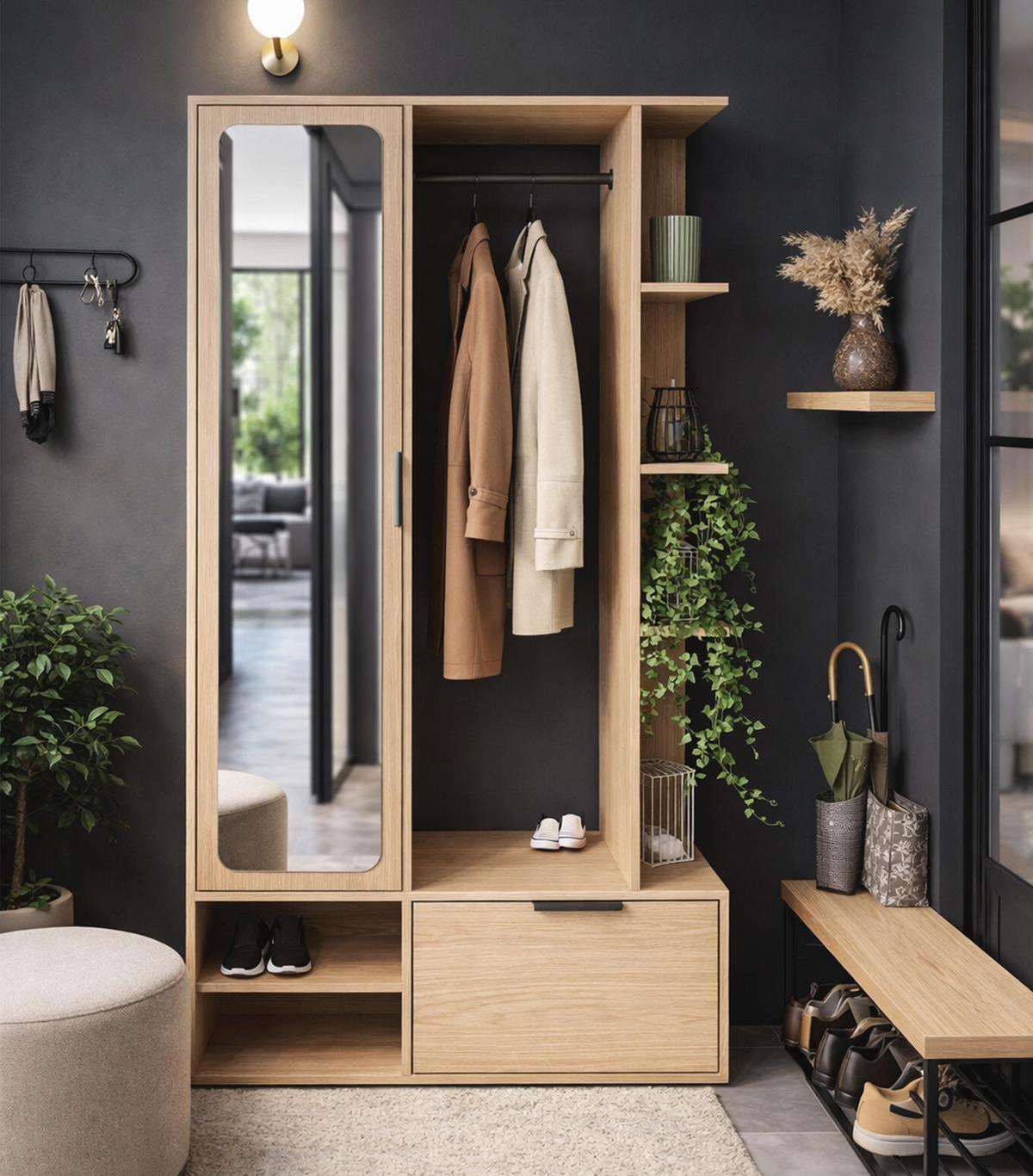 GARDEROBENSCHRANK Nemrut Braun 100/189/33 cm – Modern, mit Spiegel und viel Stauraum - Braun, Holzwerkstoff/Kunststoff (100/189.4/33cm) - AX Living