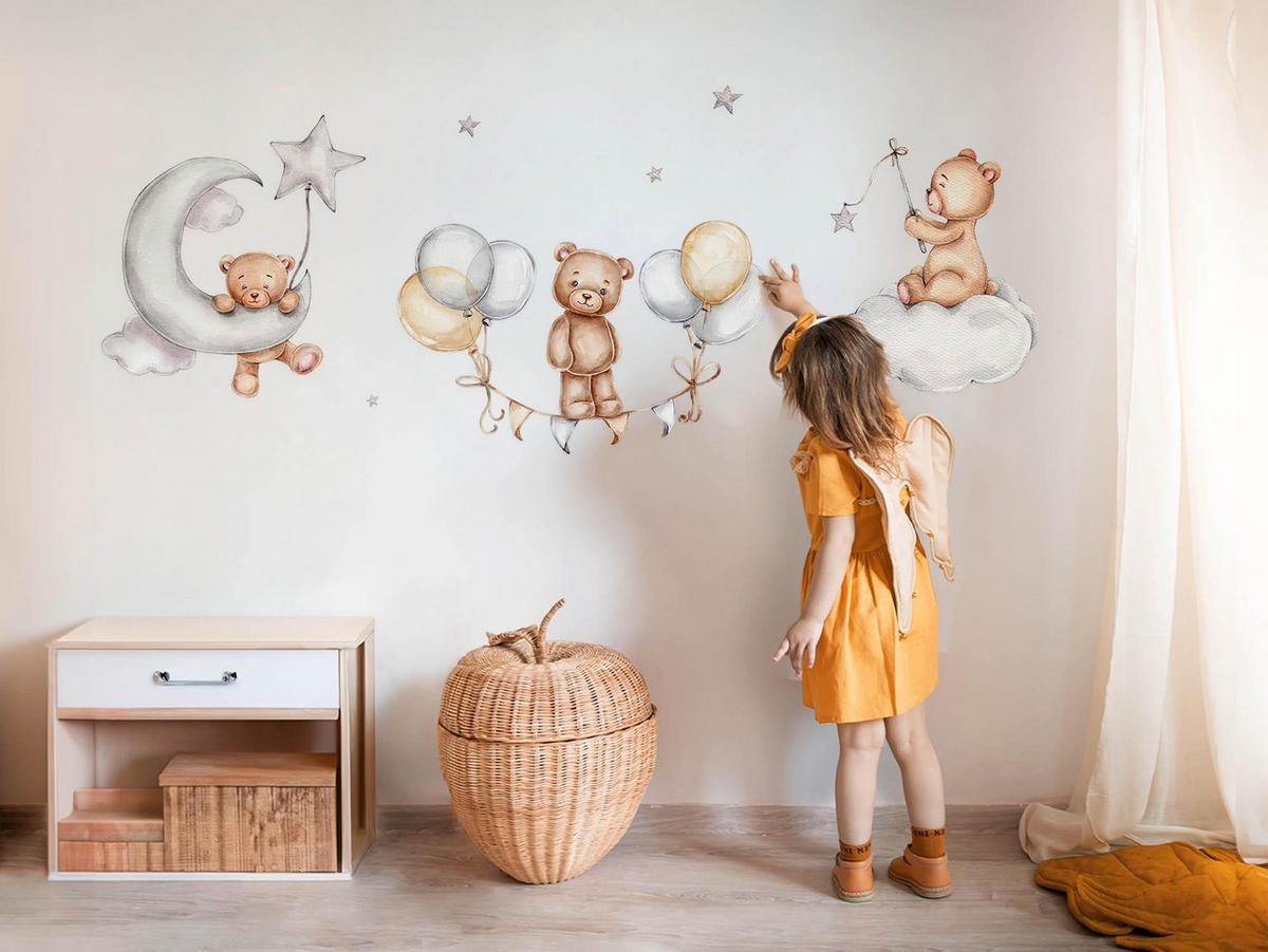WANDAUFKLEBER 100x146cm - Teddybären und Ballons am Himmel - Multicolor, Kunststoff (100/146/0.1cm) - Wallfluent