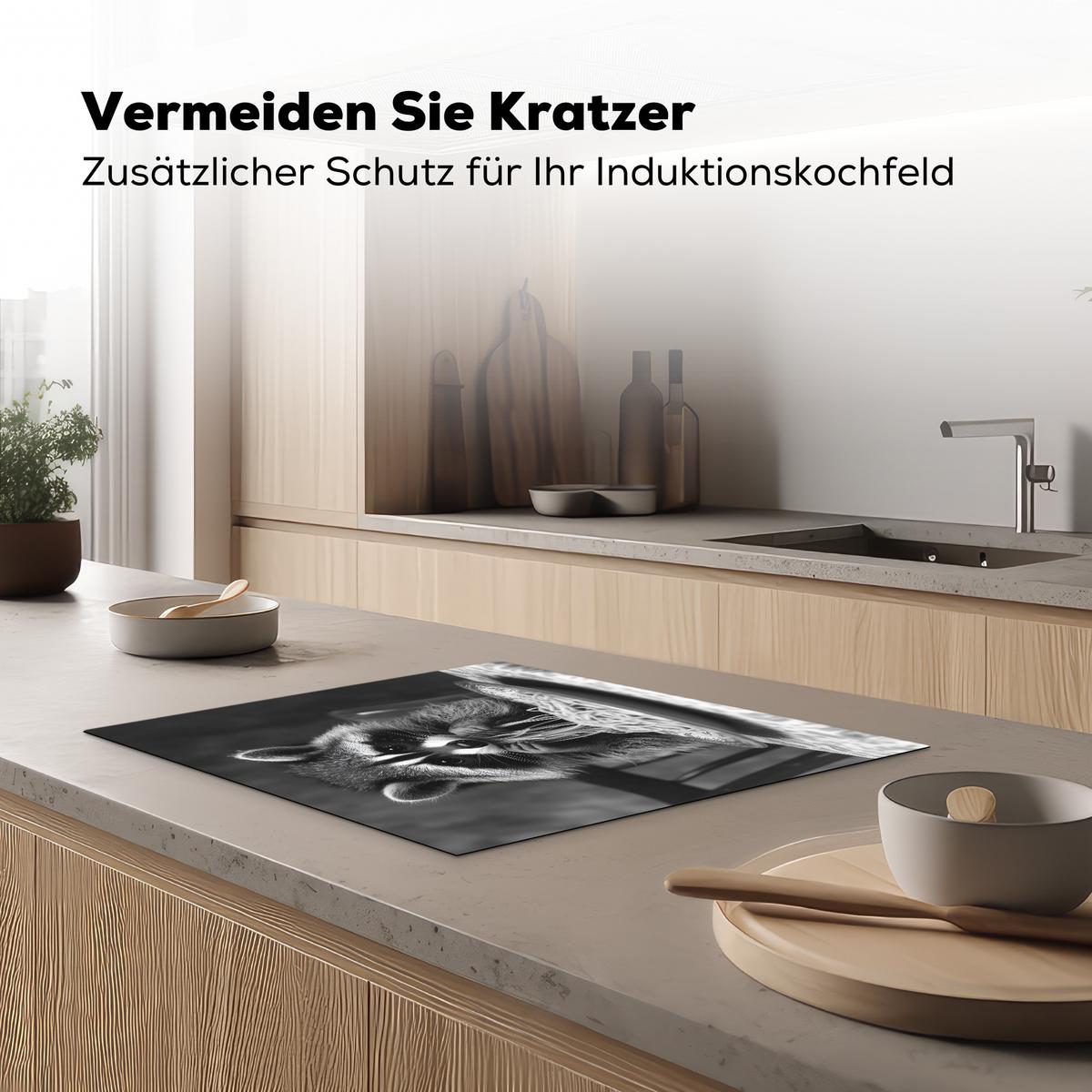 HERDABDECKPLATTE Waschbär - Niedlich - Pasta - Tischtuch - Schwarz - Weiß Herdabdeckung Induktionsfeld 65x52 cm - Grau, Kunststoff (65/52/0.2cm) - MuchoWow