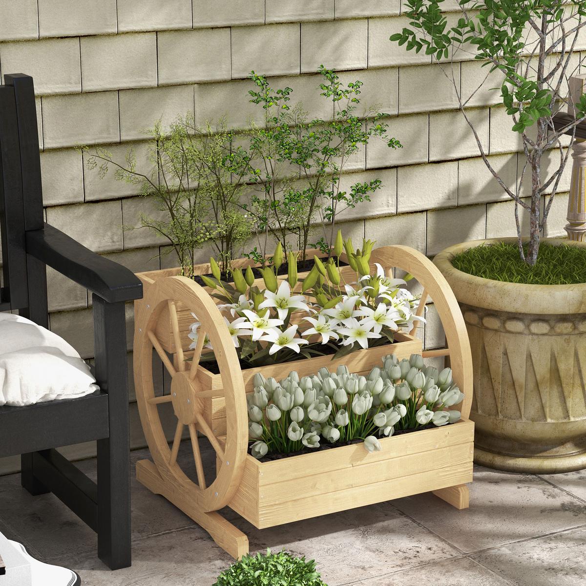 HOCHBEET im Wagenrad-Design Tannenholz 62/61/57 cm - Naturfarben, Holz (61/57/62cm) - Outsunny