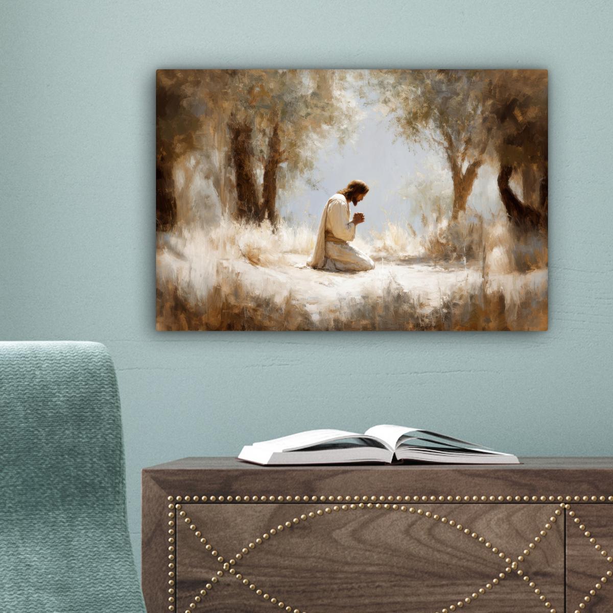 LEINWANDBILD Jesus - Kniend - Waldlandschaft - Betend Deko Schlafzimmer 30x20 cm - Beige/Hellblau, Textil (30/20cm) - MuchoWow