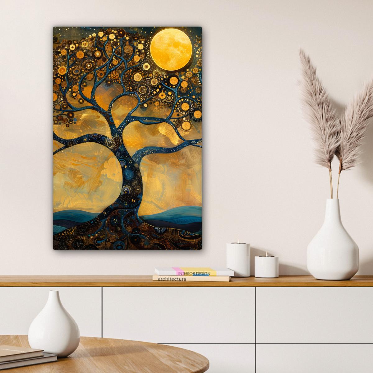 LEINWANDBILD Baum - Mond - Blumen - Gold - Kunst Wanddeko Schlafzimmer 60x90 cm - Orange, Textil (60/90cm) - MuchoWow