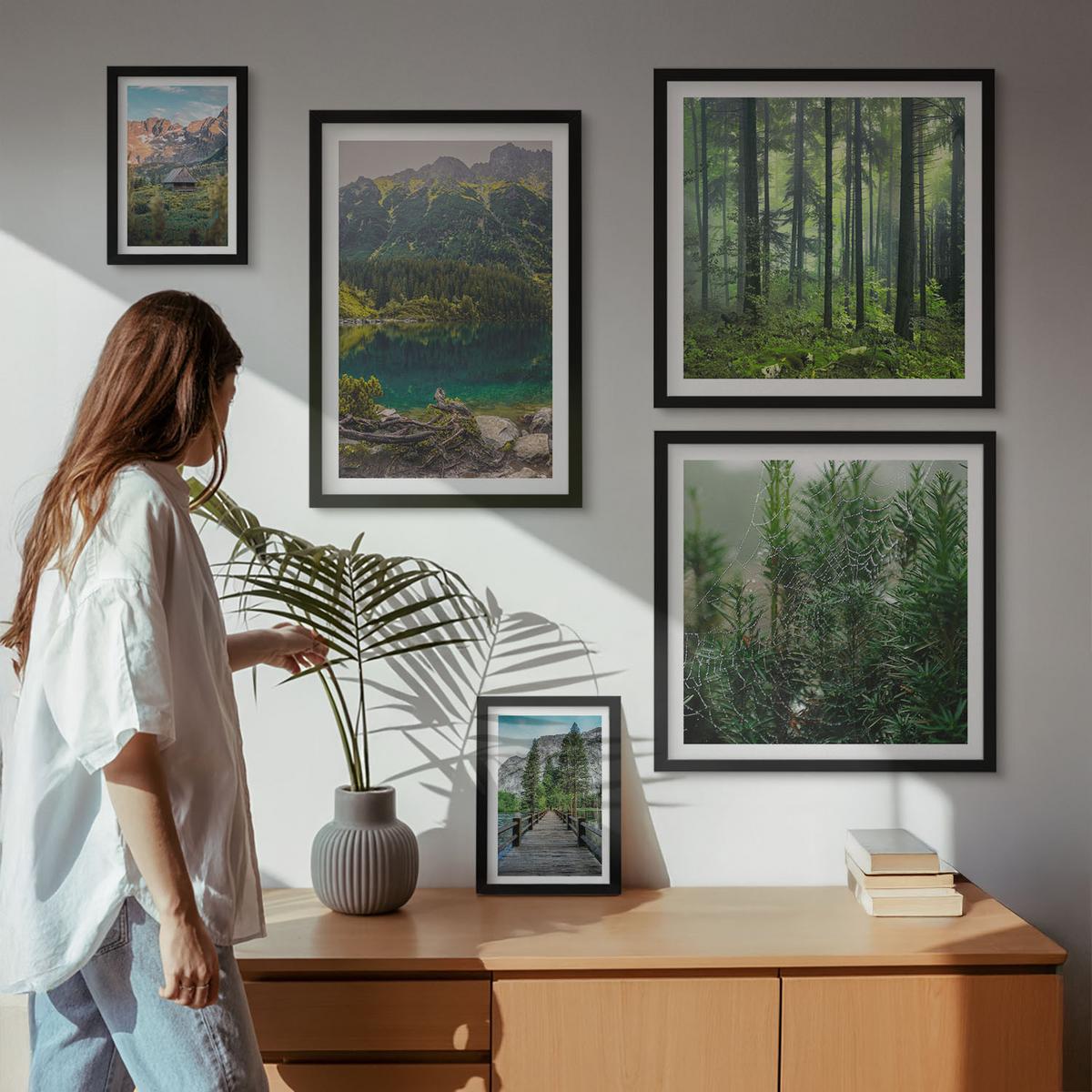 BILDER SET 5er Set - 50x50 cm & 20x30 cm & 40x60 cm Schwarzer Rahmen - Minimalistische Pflanzenzeichnungen - Schwarz, Kunststoff (40/60cm) - TULUP