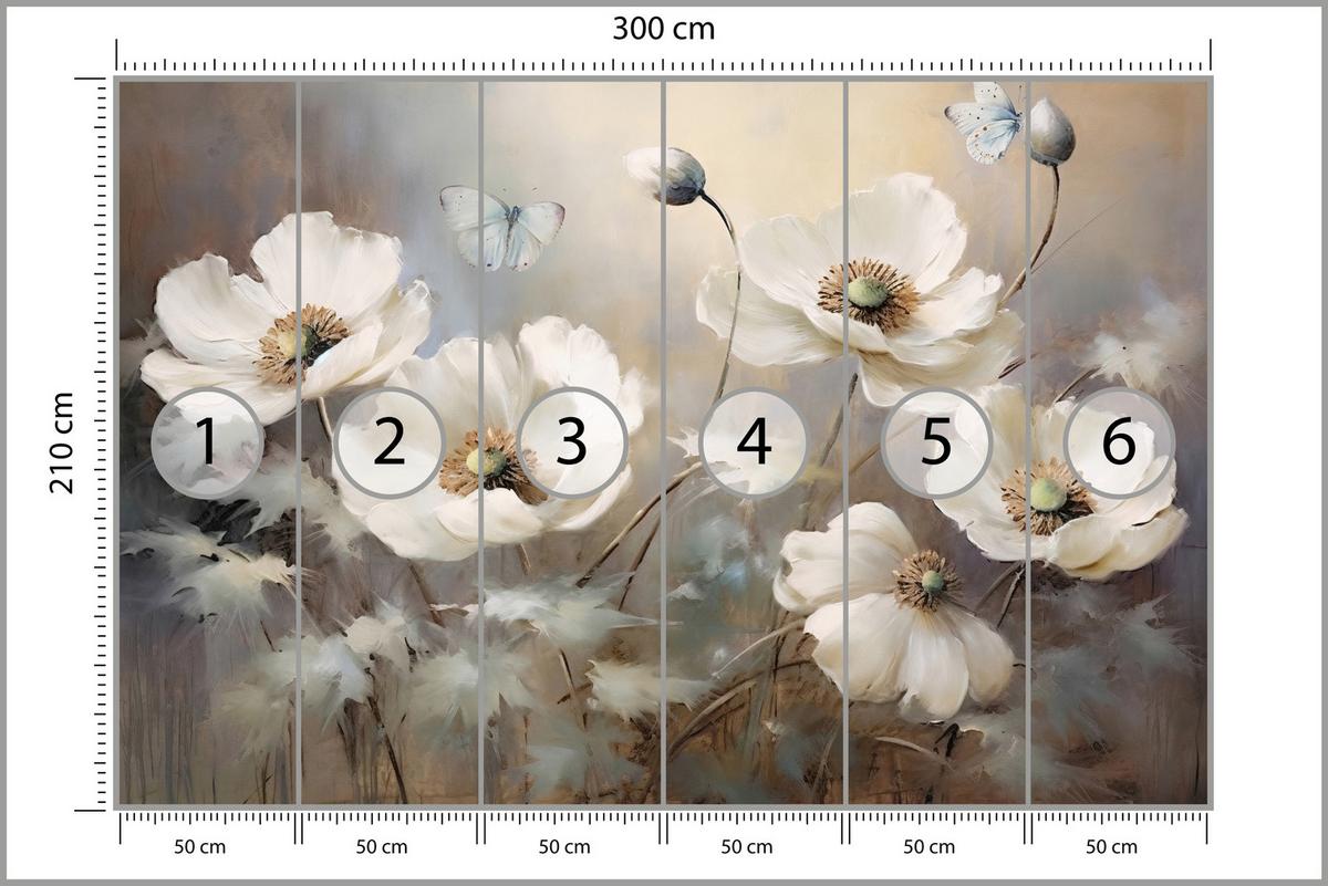 FOTOTAPETE für Schlafzimmer Abstrakte Weiße Mohnblumen Schmetterlinge Aquarell 300x210 - Beige/Braun, Papier (300/210cm) - Muralo