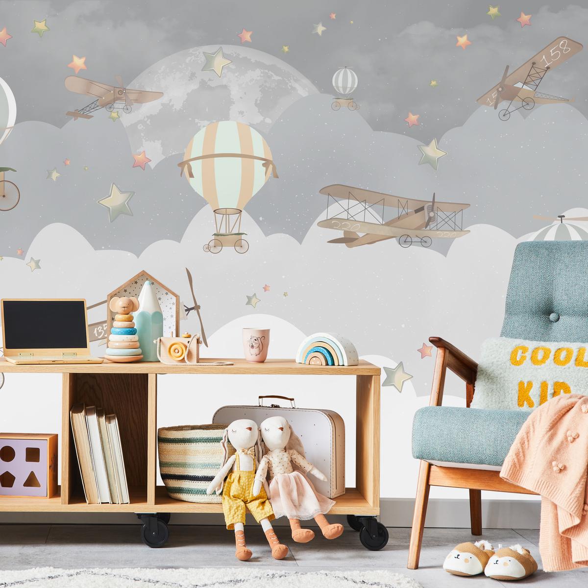 FOTOTAPETE für Kinderzimmer Ballons Wolken Flugzeug Himmel Sterne 500x350 - Multicolor, Papier (500/350cm) - Muralo