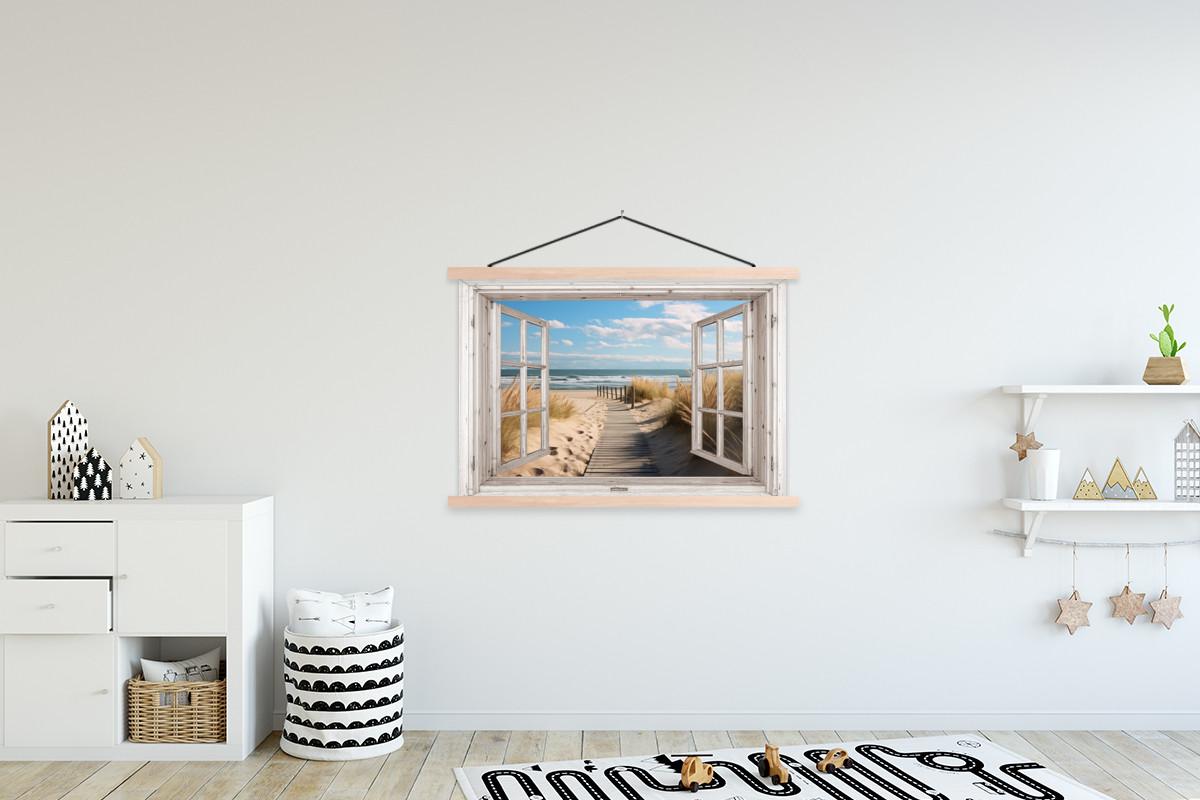POSTER MIT MAGNETLEISTEN Fenster - Meer - Küste - Natur - Ausblick - Strand - Wattenmeer Magnetleiste 120x80 cm - Beige, Textil (120/80/0.15cm) - MuchoWow