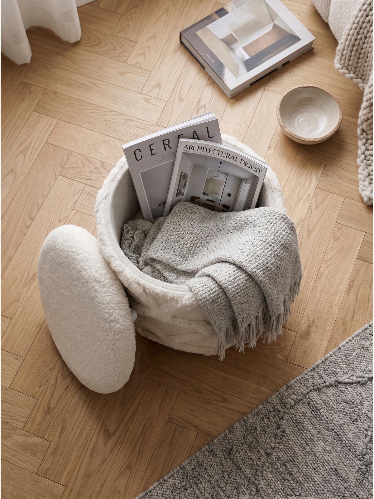 SITZHOCKER RHONE, Teddystoff, mit Wellenmuster, Creme, Ø 40 x 45 cm - Beige/Creme, Textil (40/45/40cm) - KADIMA DESIGN