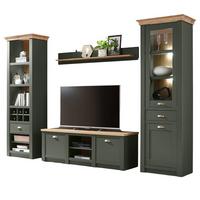 WOHNWAND grün, Wotan Eiche Landhaus, Wohnkombination 4-teilig 308 cm - Dunkelgrün/Messingfarben, Glas/Holzwerkstoff (308/207/45cm) - Furn.Design
