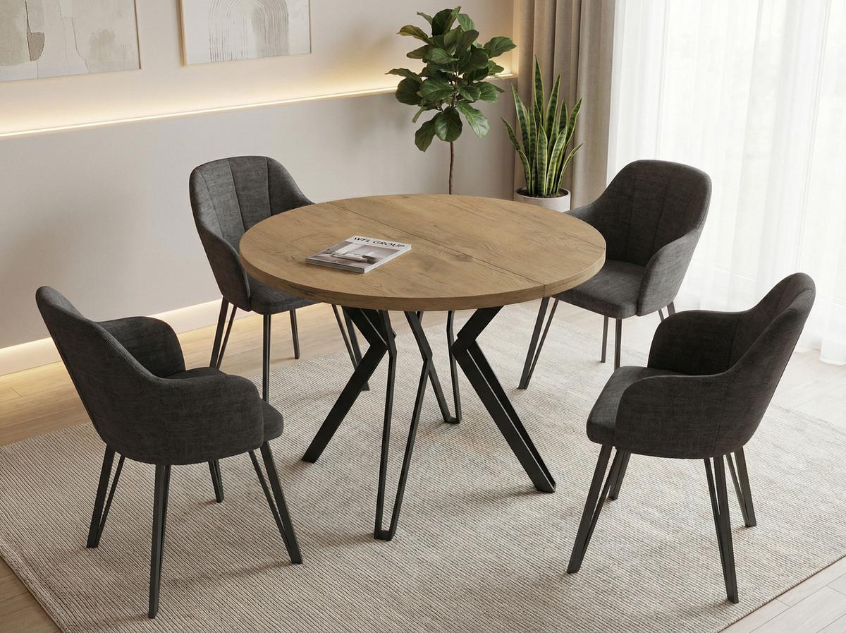 ESSTISCH Revena runder ausziehbarer, Lancelot Eiche 120-200/120/76 cm - Eichefarben/Schwarz, Holzwerkstoff/Metall (120/200/76cm) - WFL GROUP