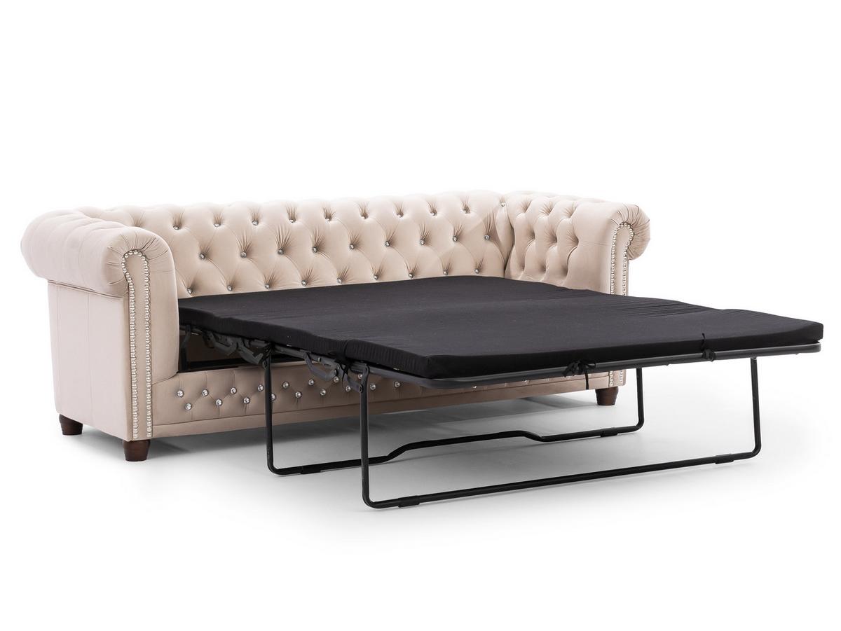 CHESTERFIELD-SOFA 3-Sitzer mit Schlaffunktion Cleo Blink Beige Samt mit Kristallsteppung und braunen Massivholzfüßen - Beige/Braun, Holz/Textil (203/72/86cm) - S-Style