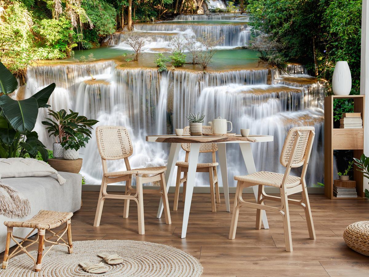 FOTOTAPETE für Esszimmer Panorama Waldwasserfall Bäume Pflanzen Natur 350x256 - Beige/Braun, Papier (350/256cm) - Muralo