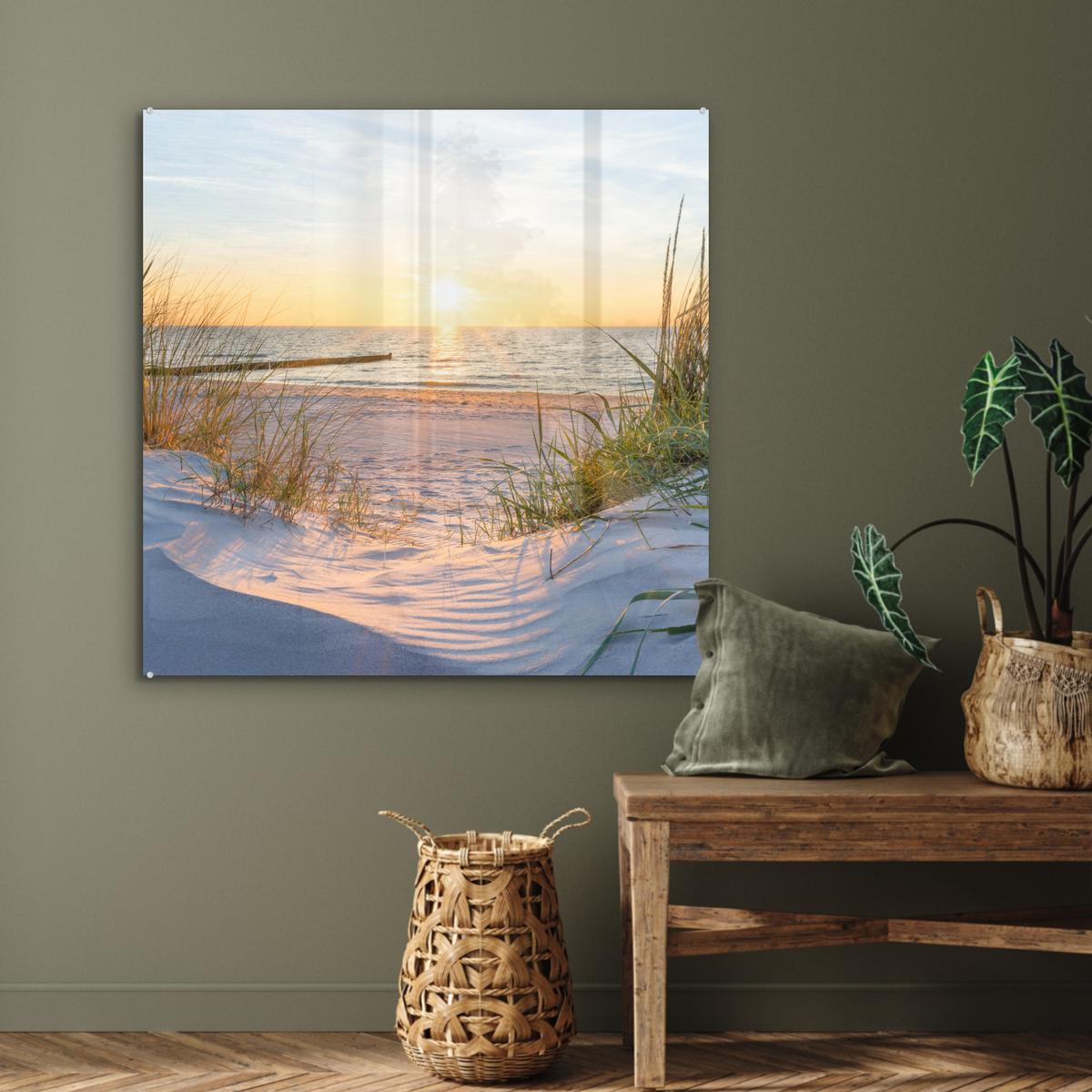 ACRYLGLASBILD Strand - Sonne - Düne - Gras - Sand - Horizont 90x90 cm - Hellblau, Glas (90/90cm) - MuchoWow