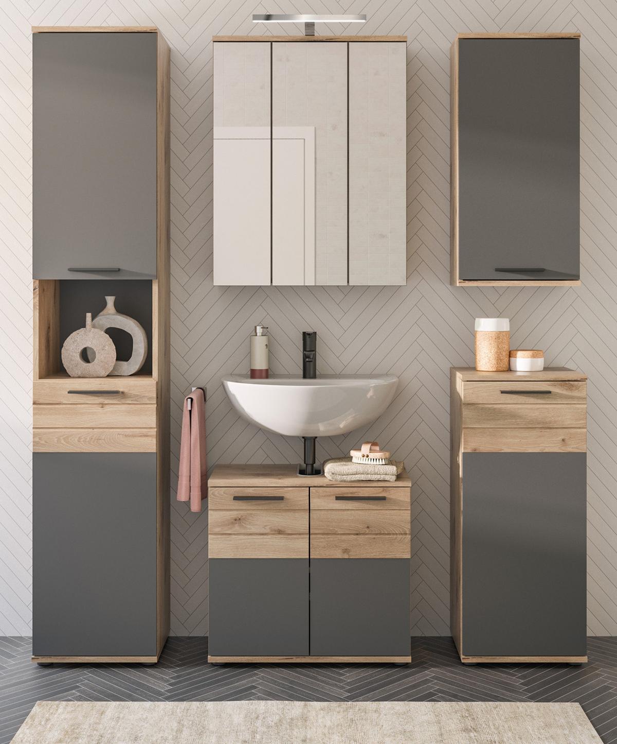 SPIEGELSCHRANK Eiche 60 x 77 cm Badschrank 3-türig mit Soft-Close - Eichefarben, Glas/Holzwerkstoff (60/77/18cm) - Inn.Furn
