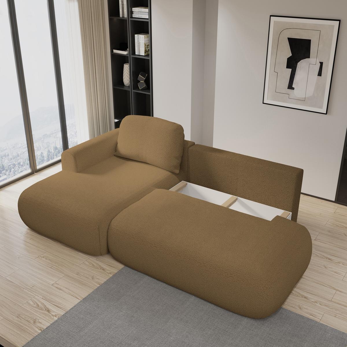 ECKSOFA NUVIRA L-S Orange Boucle-Stoff mit Schlaffunktion - Orange, Holz (279/158cm) - MASSENO