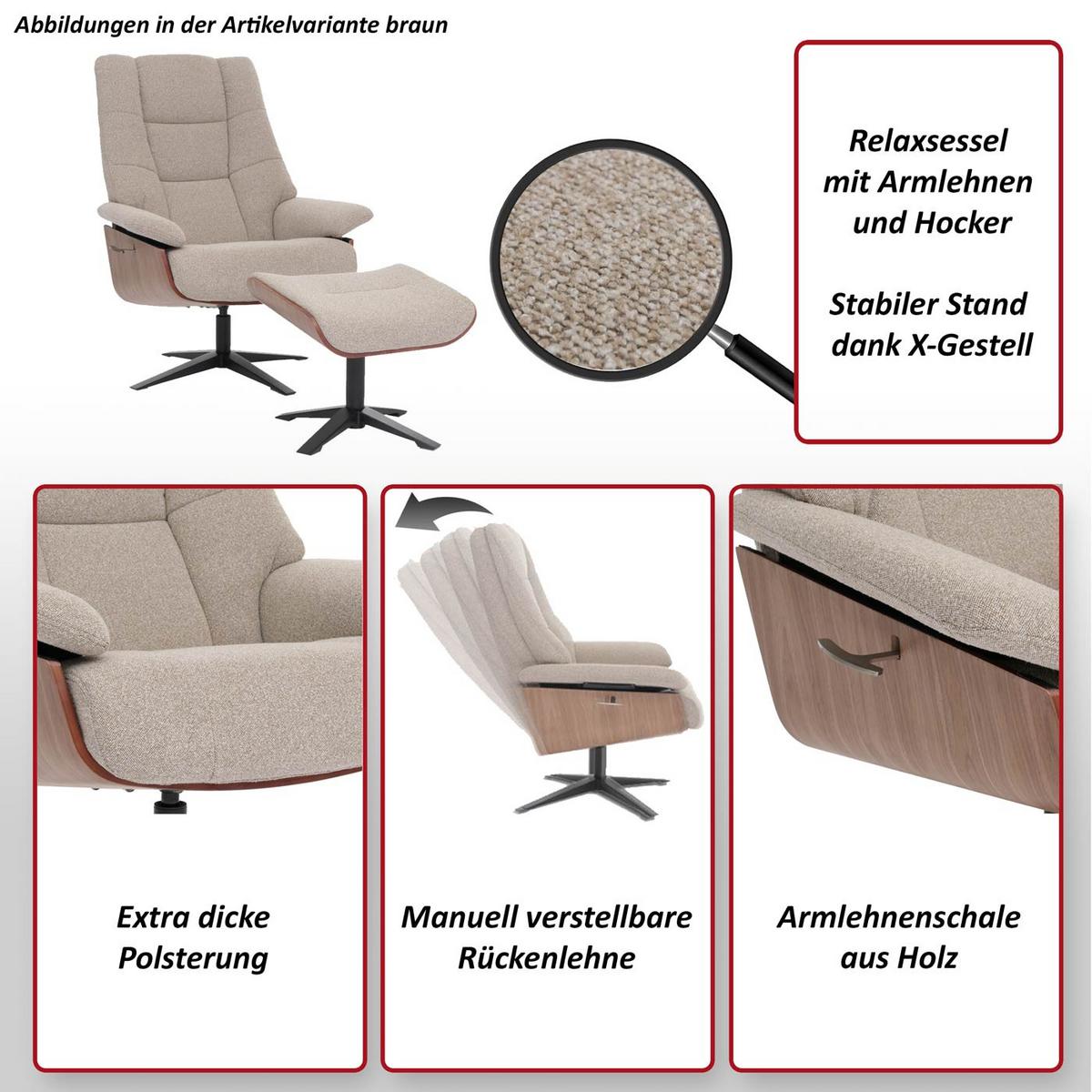 RELAXSESSL + HOCKER Grau - Grau, Textil (81/125/106cm) - MCW