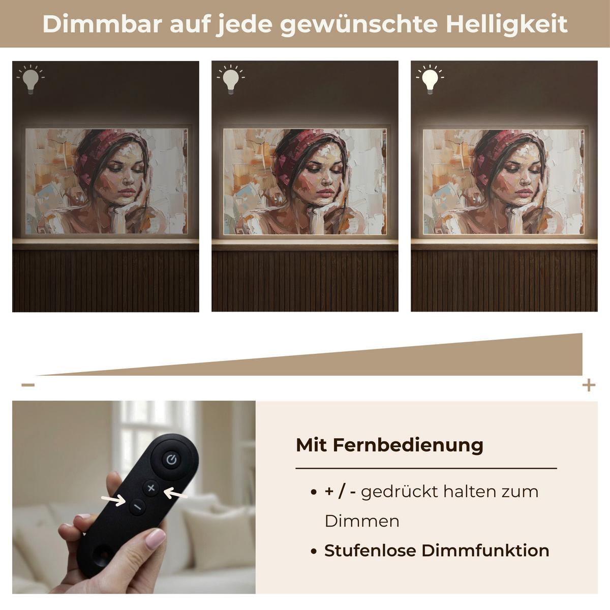 WANDLEUCHTE MIT AKKU Frau - Lackierung - Porträt - Modern 60x40 cm - Braun, Holzwerkstoff (60/40/8cm) - OnlyWow