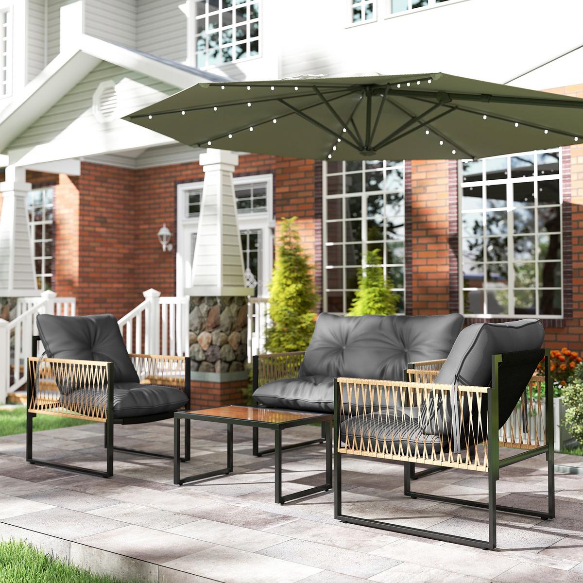 SITZGRUPPE mit Kissen, 4 tlg. Rattan Gartenmöbel-Set, Sitzgarnitur für Garten, Braun - Dunkelgrau, Kunststoff - Outsunny