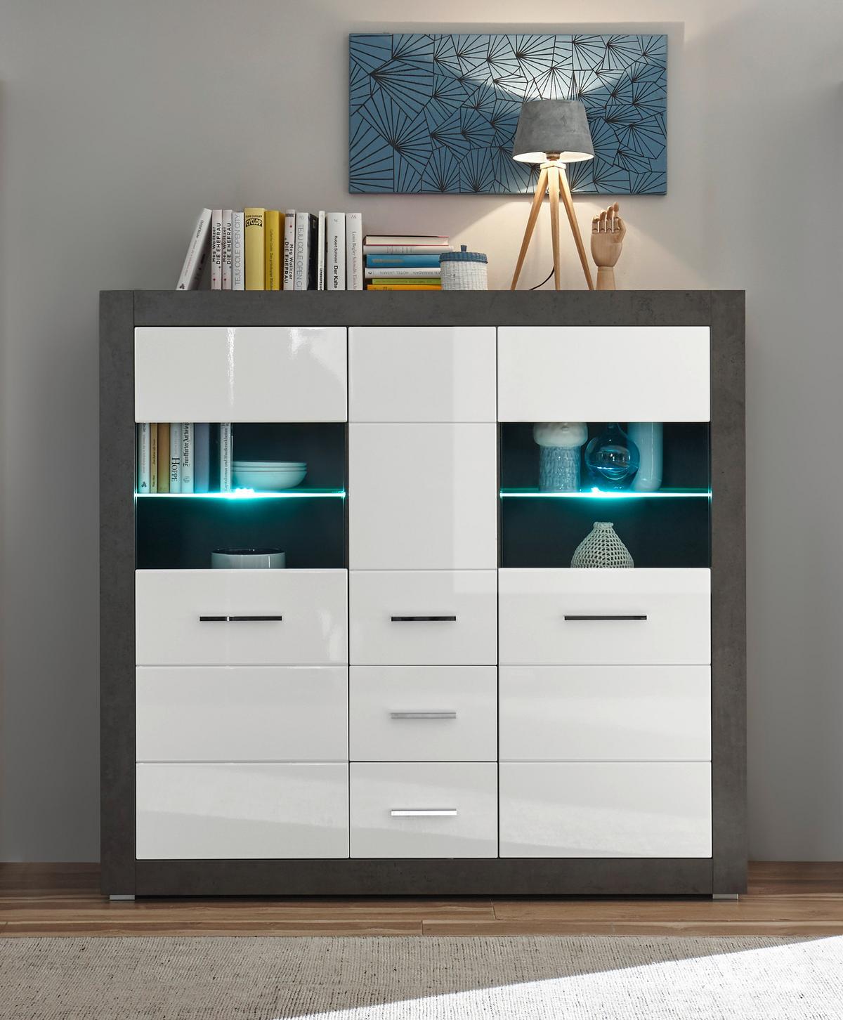 HIGHBOARD weiß Hochglanz, grau Stone 149 cm, Vitrine mit viel Stauraum - Chromfarben/Weiß Hochglanz, Glas/Holzwerkstoff (149/142/42cm) - Furn.Design