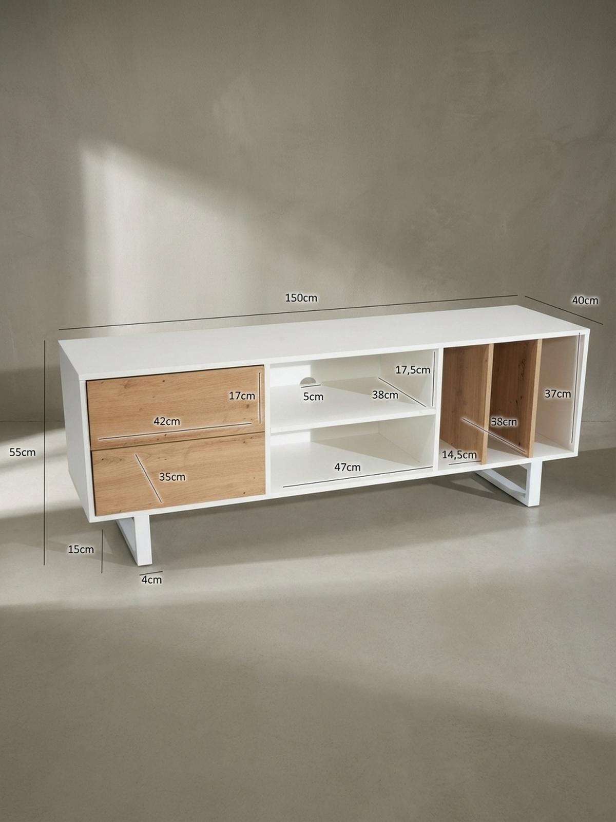 TV-LOWBOARD mit Eiche-Dekor, Schubladen und offenes Regal, modern, Weiß 150x40x55 cm - Weiß, Holzwerkstoff/Metall (150/55/40cm) - KADIMA DESIGN