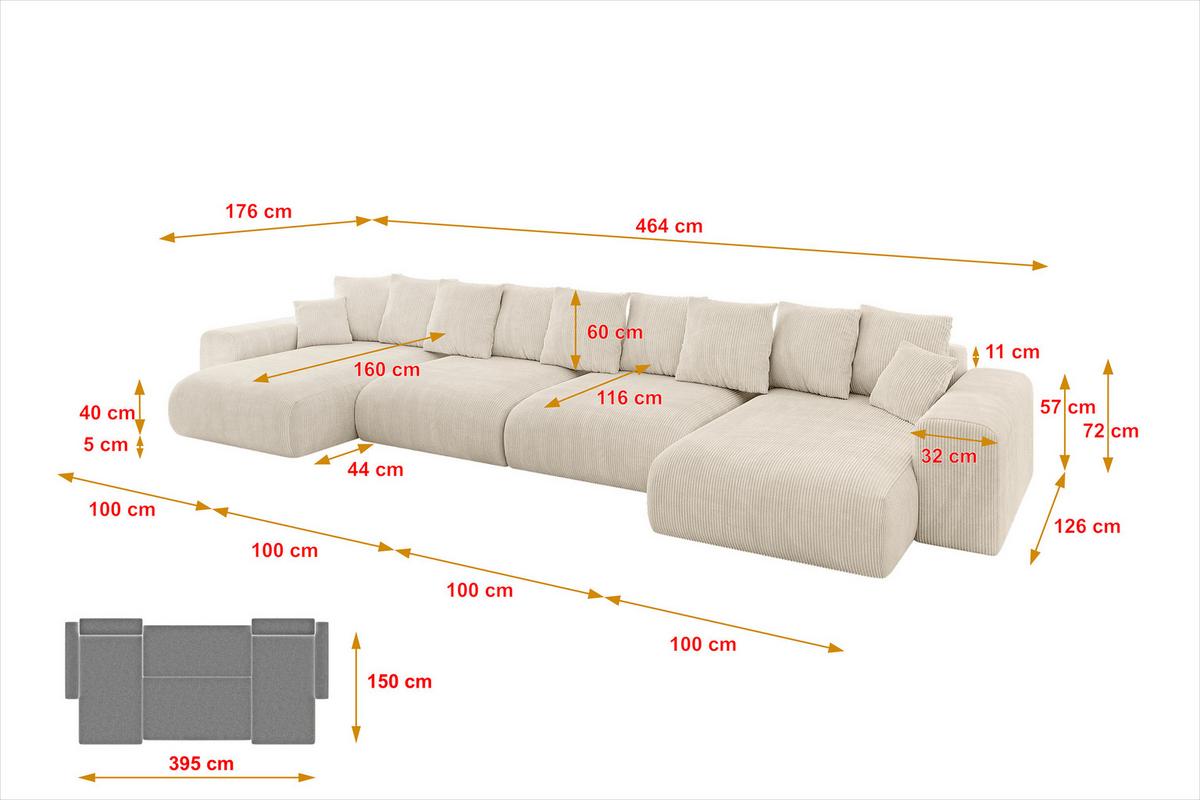 WOHNLANDSCHAFT mit Schlaffunktion ESKAR-U2-464x176x72cm Beige - Ecru, Holzwerkstoff/Kunststoff (176/72/464cm) - ALTDECOR