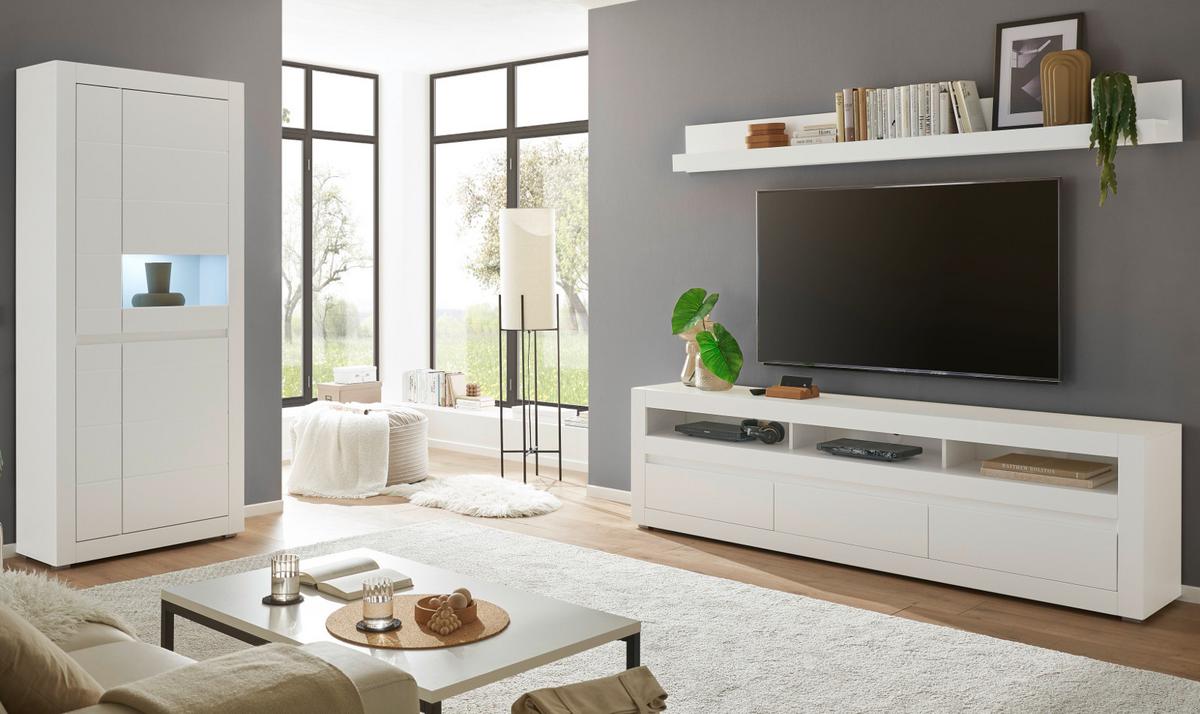 WOHNWAND weiß matt, Evoke Eiche, Wohnkombination 3-teilig, Soft-Close-Funktion - Eichefarben/Silberfarben, Holz/Holzwerkstoff (312/198/42cm) - Furn.Design