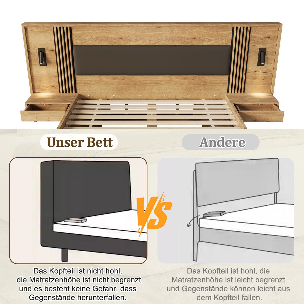 BETT in naturfarbe mit pu-kopfteil, mit stauraum und leselampen - Naturfarben, Holzwerkstoff (180/200cm) - Urban Meuble