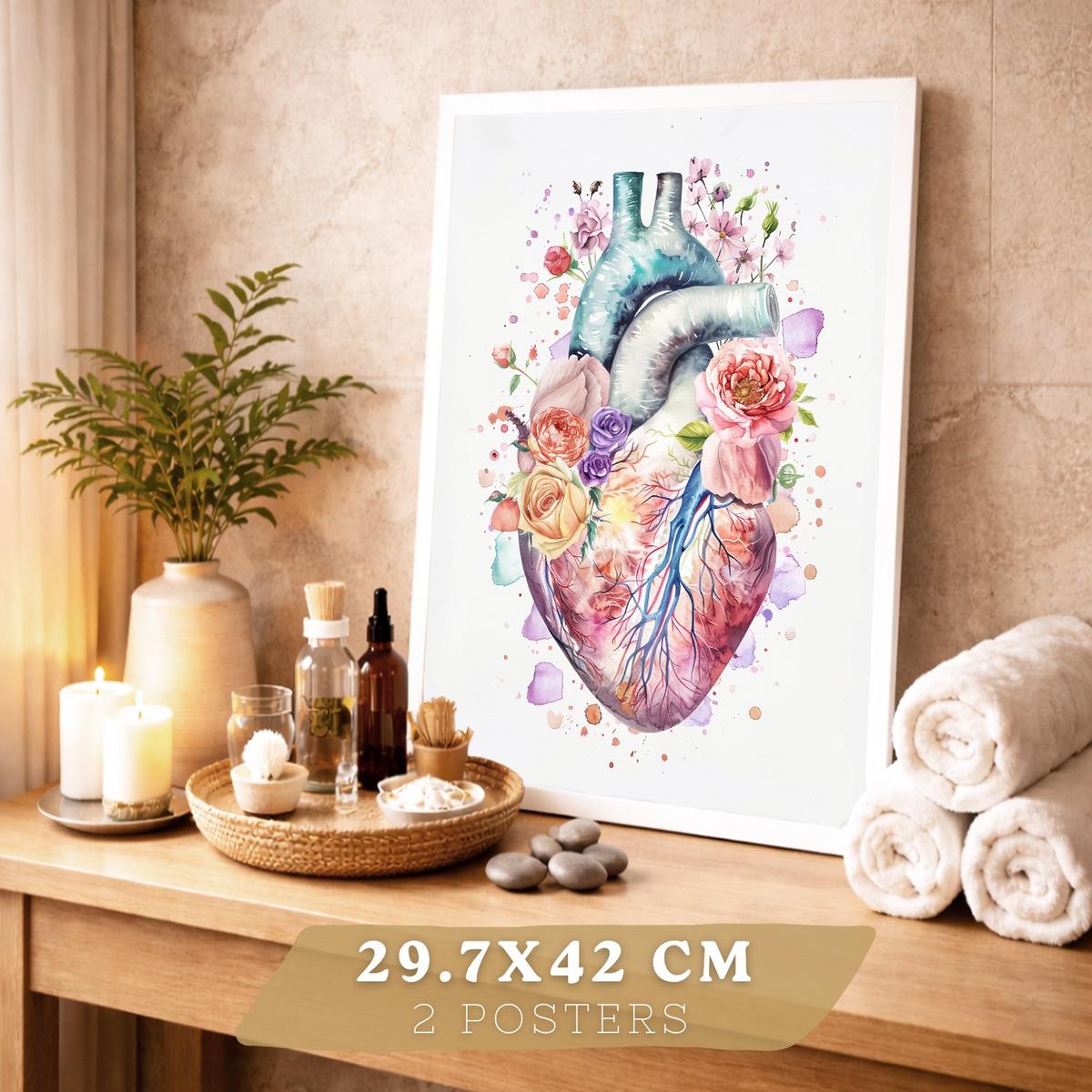 POSTER Set aus 2 Anatomie Mensch Drucke und Wandbilder mit Herz und Atmungssystem Floraler Stil Medizinische Wanddekoration Größe Rahmenlos A3 - Klar, Papier (29.7/42/3cm) - Nacnic