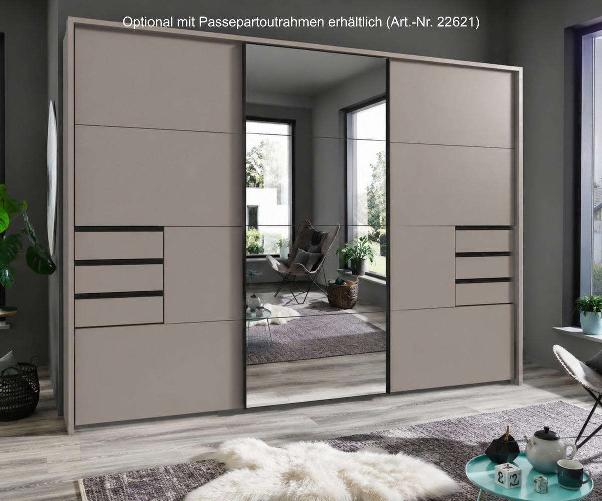 SCHWEBETÜRENSCHRANK 3-türig B270/H208/64 cm, Sandgrau, eine Spiegeltür, Kleiderschrank mit Schubladen & Vollausstattung / 22615 - Sandfarben/Anthrazit, Holzwerkstoff/Metall (270/208/64cm) - luma-home