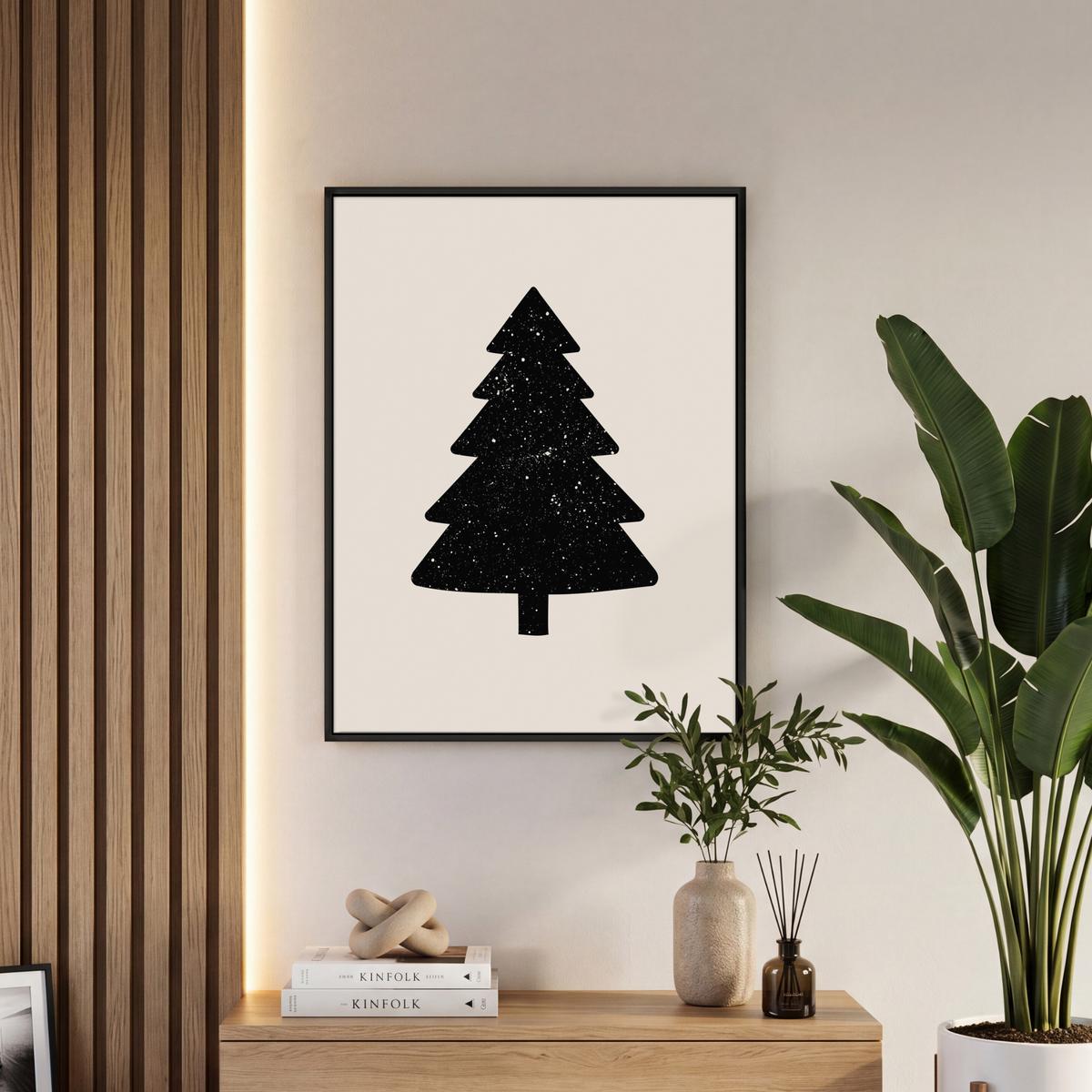 LEINWAND Bilder mit Rahmen - Weihnachtsbaum - Schwarz - Urlaub - Beige - 50x70 - Schwarz, Textil (50/70cm) - MuchoWow
