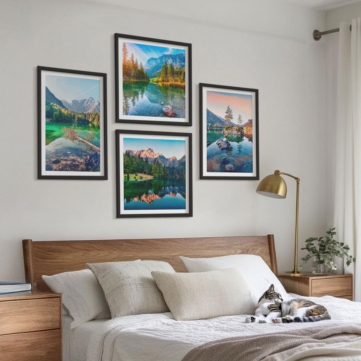 BILDER SET 4er Set - 50x50 cm & 40x60 cm Schwarzer Rahmen - Naturlandschaft der Bergseen - Schwarz, Kunststoff (50/50cm) - TULUP