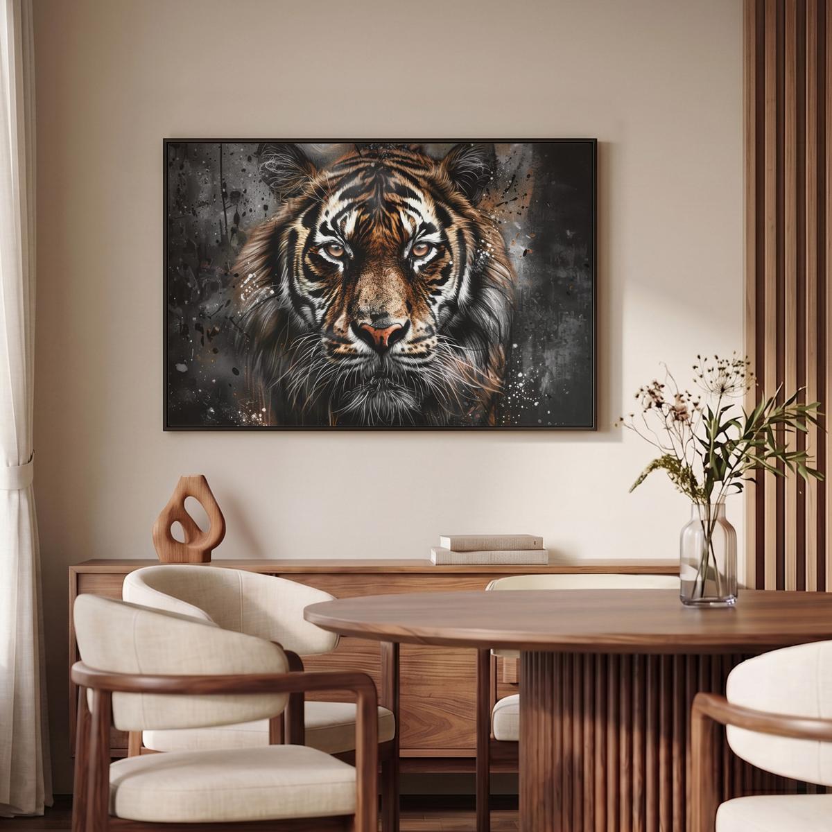 LEINWAND Bilder mit Rahmen - Tiger - Tiere - Porträt - Luxus - Schwarz - 90x60 - Braun, Textil (90/60cm) - MuchoWow