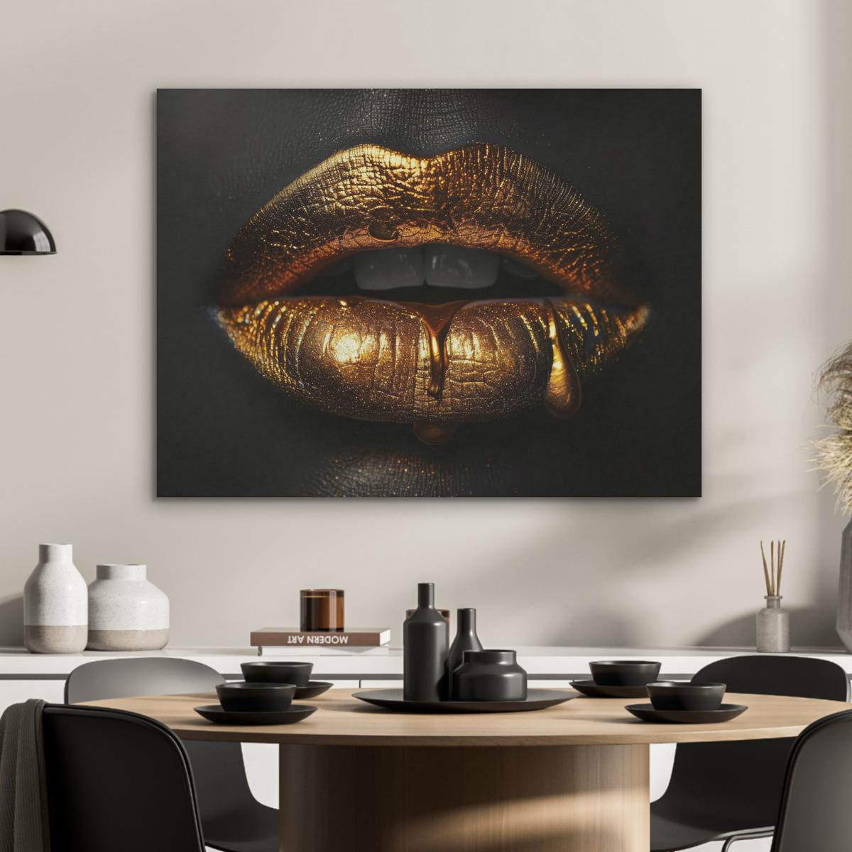 AKUSTIKBILD Frau - Porträt - Lippen - Gold - Schwarz Gemälde 80x60 cm - Schwarz, Kunststoff (80/60/0.9cm) - MuchoWow