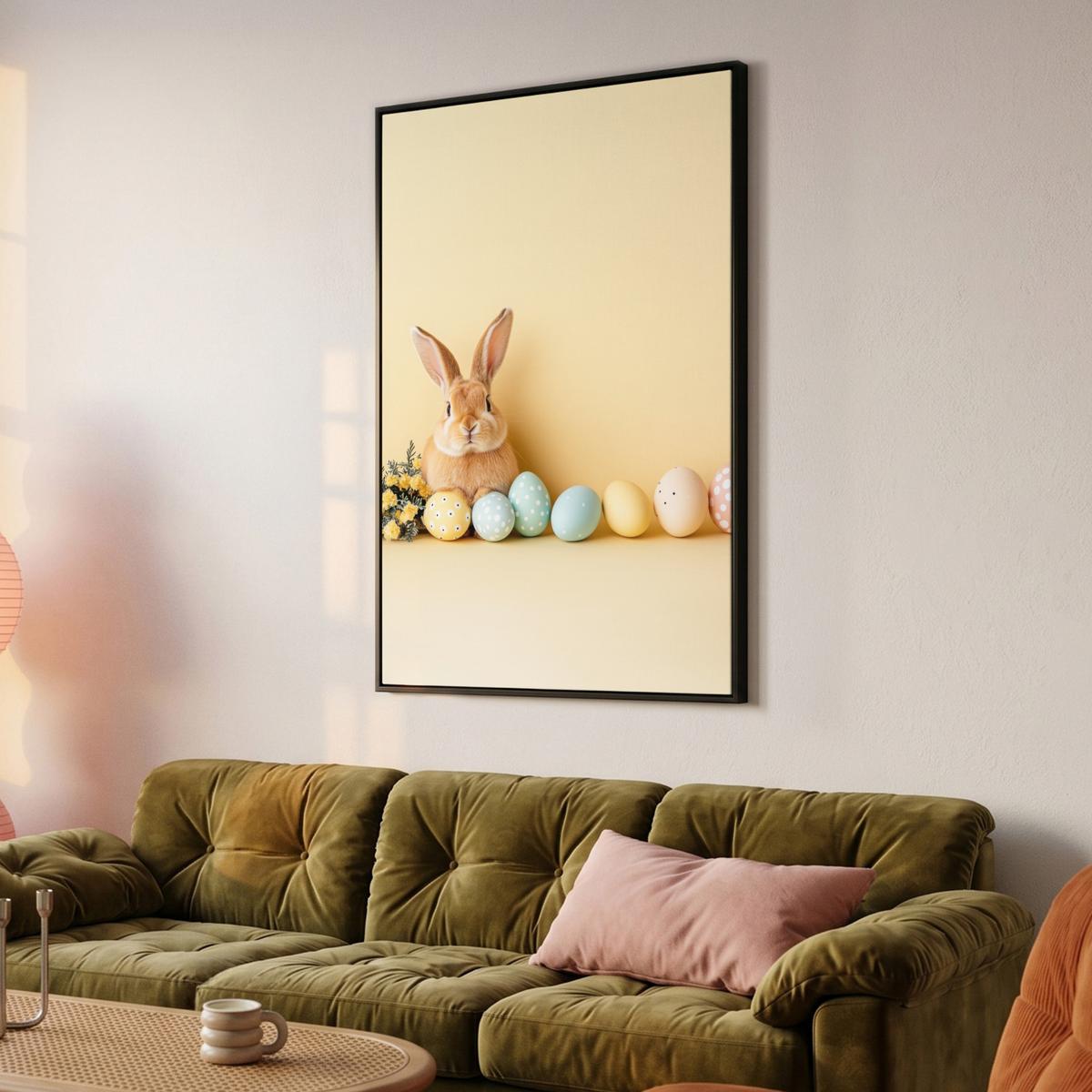 LEINWAND Bilder mit Rahmen - Eier - Kaninchen - Pastellfarbtöne - 100x150 - Hellgelb, Textil (100/150cm) - MuchoWow