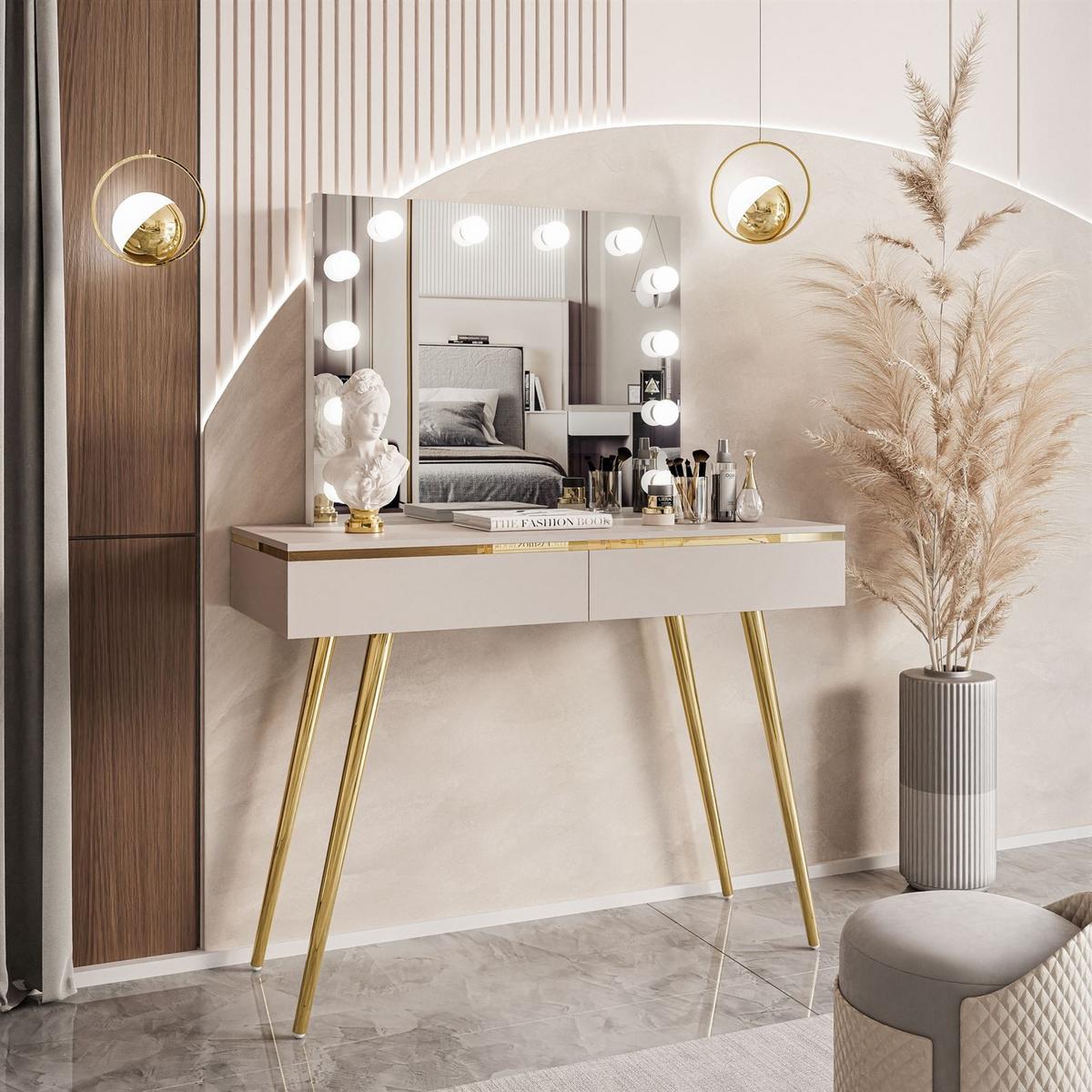 SCHMINKTISCH AURORA-S ELITE in KASCHMIR mit Spiegel - Kaschmir/Goldfarben, Holzwerkstoff/Metall (102/145/44cm) - Lookway