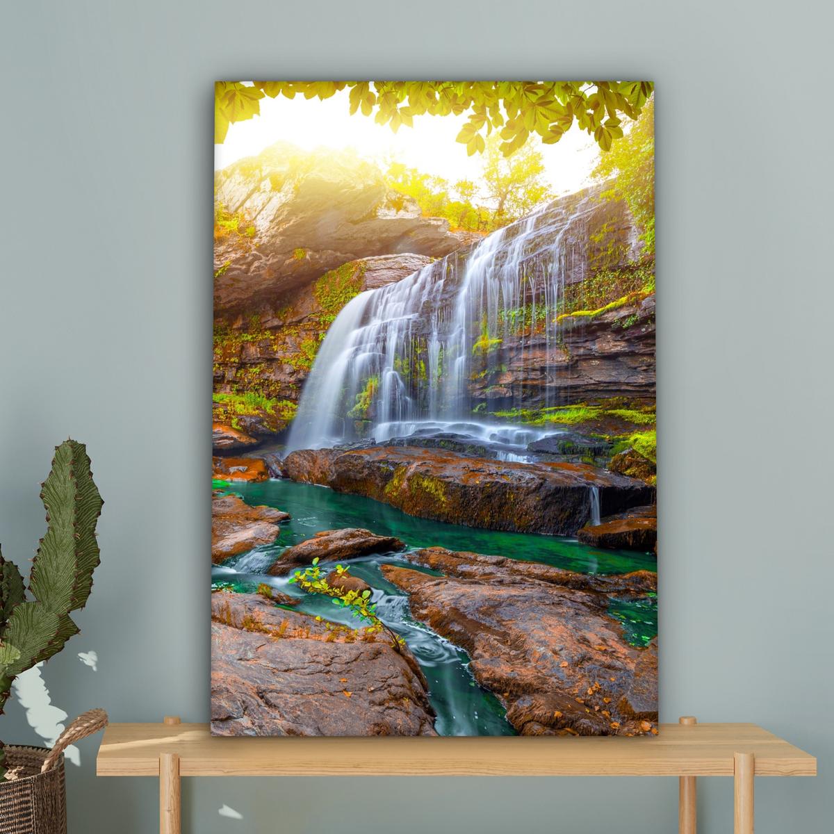 LEINWANDBILD Natur - Wasserfall - Pflanzen - Bäume - Sonne Wanddeko 40x60 cm - Olivgrün, Textil (40/60cm) - MuchoWow