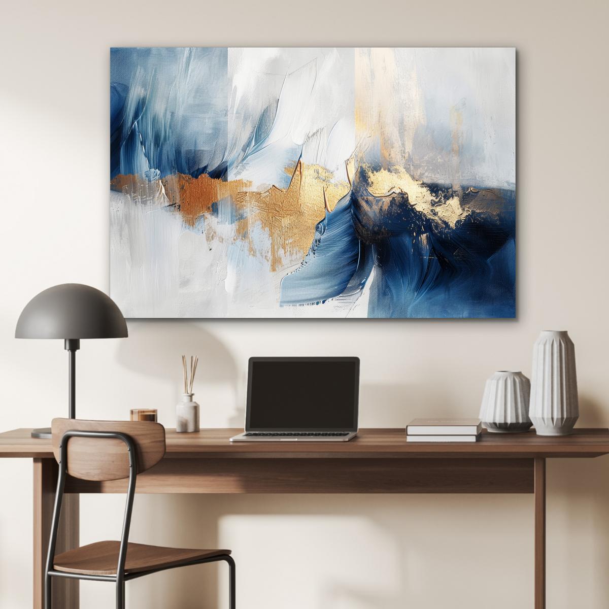 METALLBILD Gold - Blau - Aquarell - Kunst - Modern Deko Groß 120x80 cm - Hellblau, Metall (120/80cm) - MuchoWow