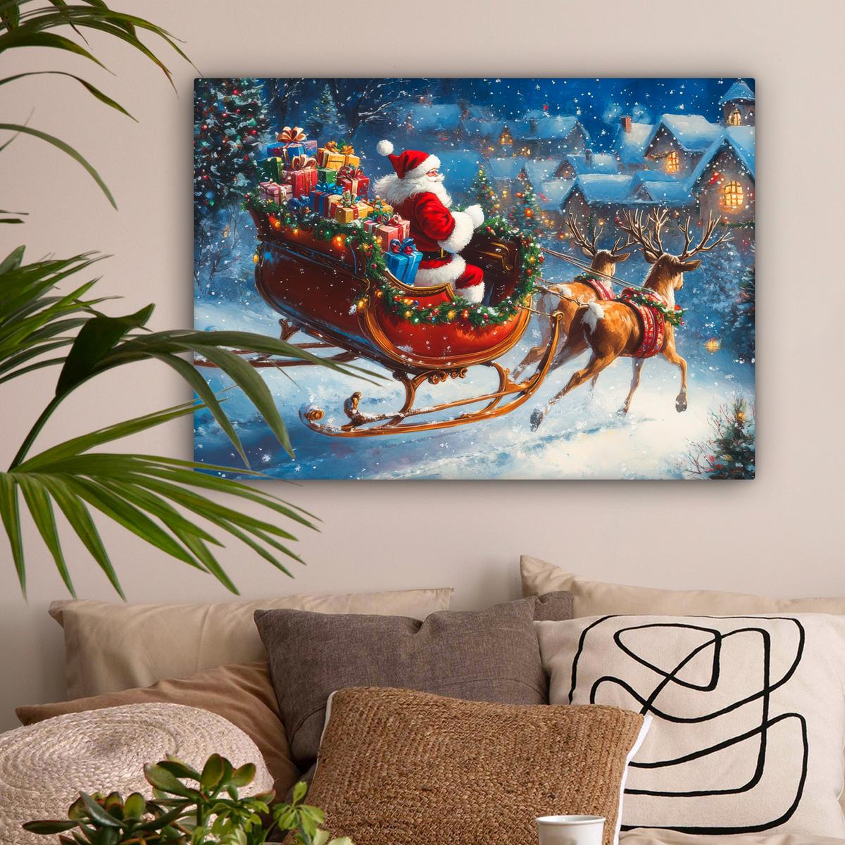 LEINWANDBILD Weihnachtsmann - Rentier - Weihnachten - Schnee Wandbilder 80x60 cm - Cognac, Textil (80/60cm) - MuchoWow