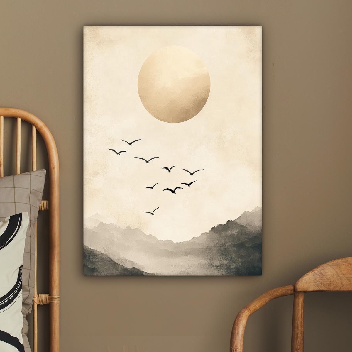LEINWANDBILD Landschaft - Japandi - Vogel Wandbild Wohnzimmer 60x80 cm - Beige, Textil (60/80cm) - MuchoWow