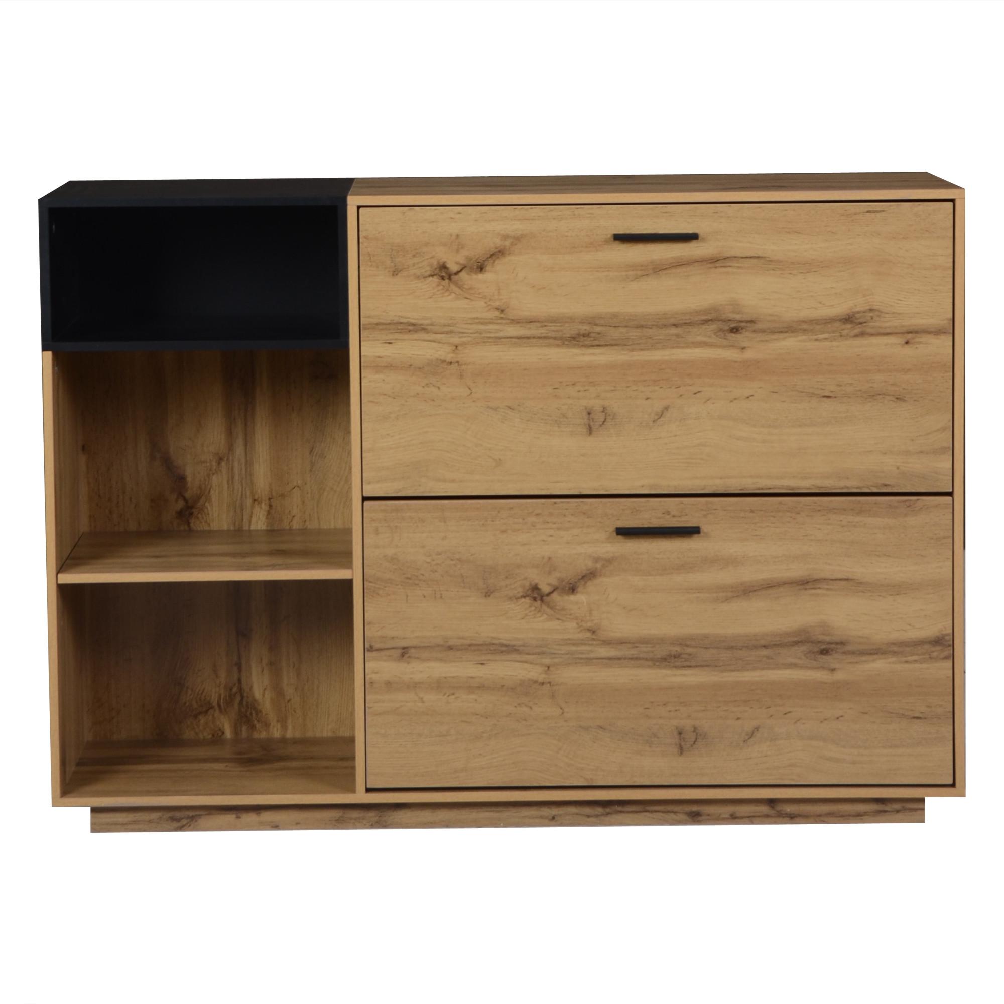 SCHUHESCHRANK mit 3 offene Fächer & 2 Klappfächer Natur+Schwarz - Naturfarben, Holzwerkstoff (120/84.5/32cm) - Urban Meuble