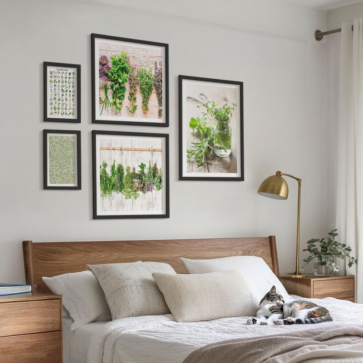 BILDER SET 5er Set - 50x50 cm & 20x30 cm & 40x60 cm Schwarzer Rahmen - Getrocknete Kräuter für die Küche - Schwarz, Kunststoff (40/60cm) - TULUP