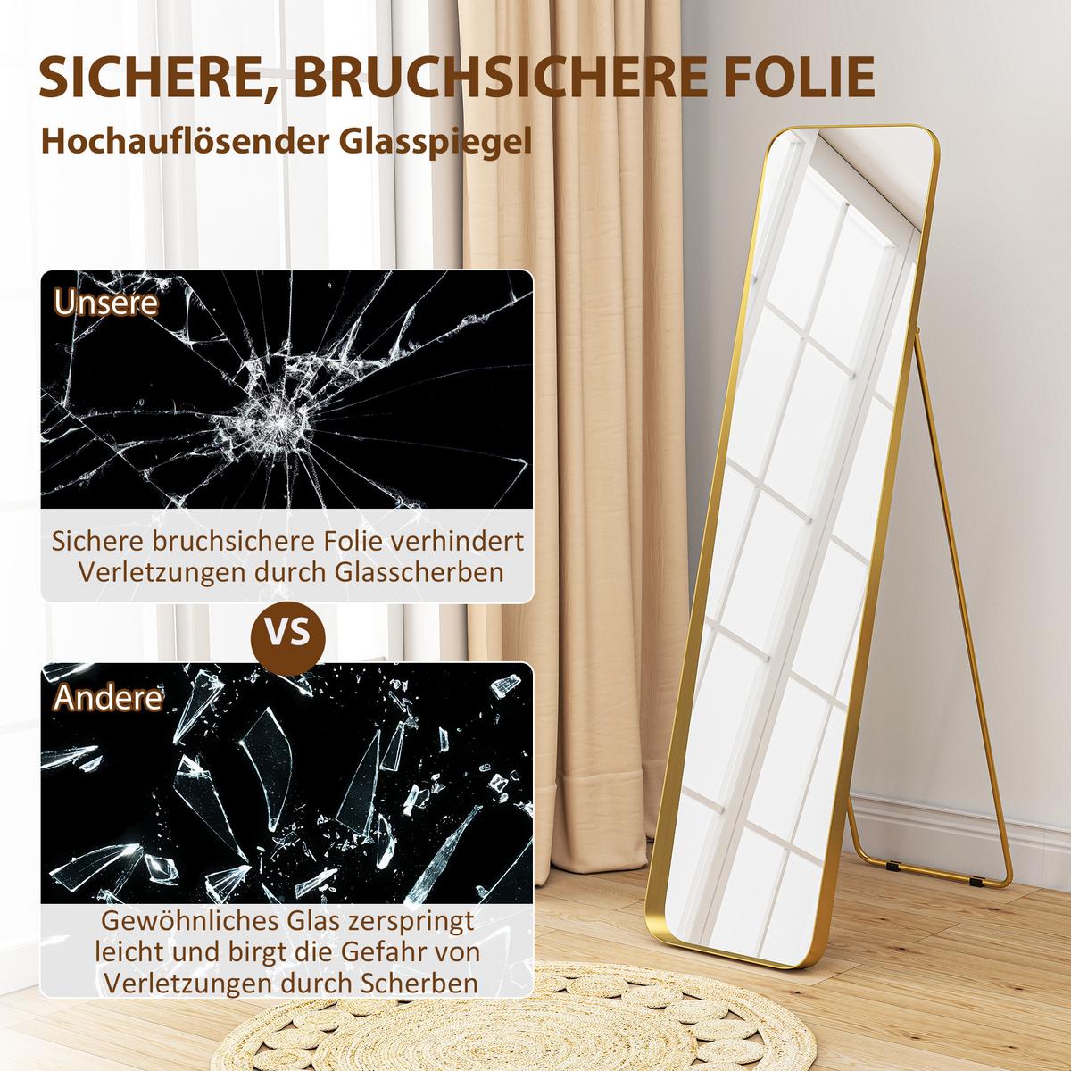 GANZKÖRPERSPIEGEL 160 x 40 cm Gewölbter Standspiegel mit Bruchsichere Glas - Goldfarben, Metall (6/160/40cm) - HOMCOM