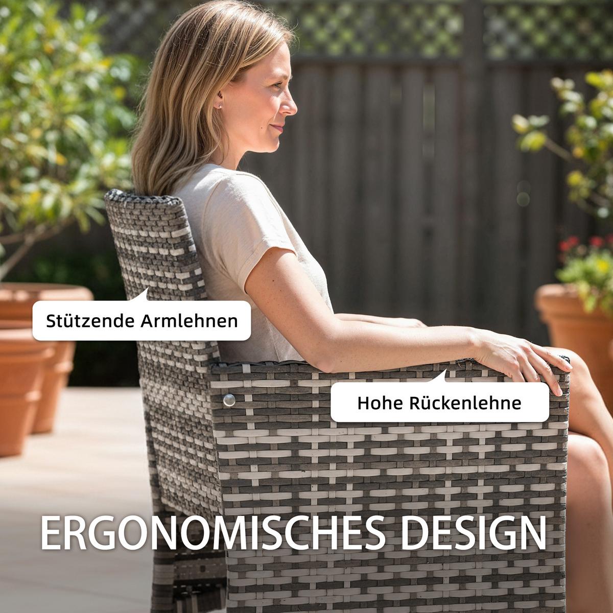 RATTANSTÜHLE 2er Set PE-Rattan Stahl Grau - Grau, Textil/Metall - Outsunny