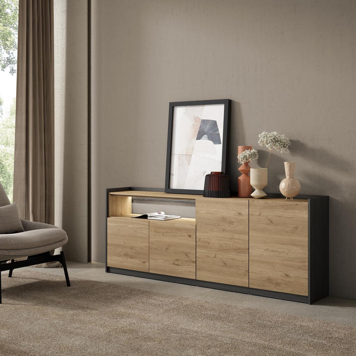 SIDEBOARD, Eiche und Schwarz, 207/37/80cm, mit Led - Eichefarben, Holzwerkstoff (207/80/37cm) - Skraut Home