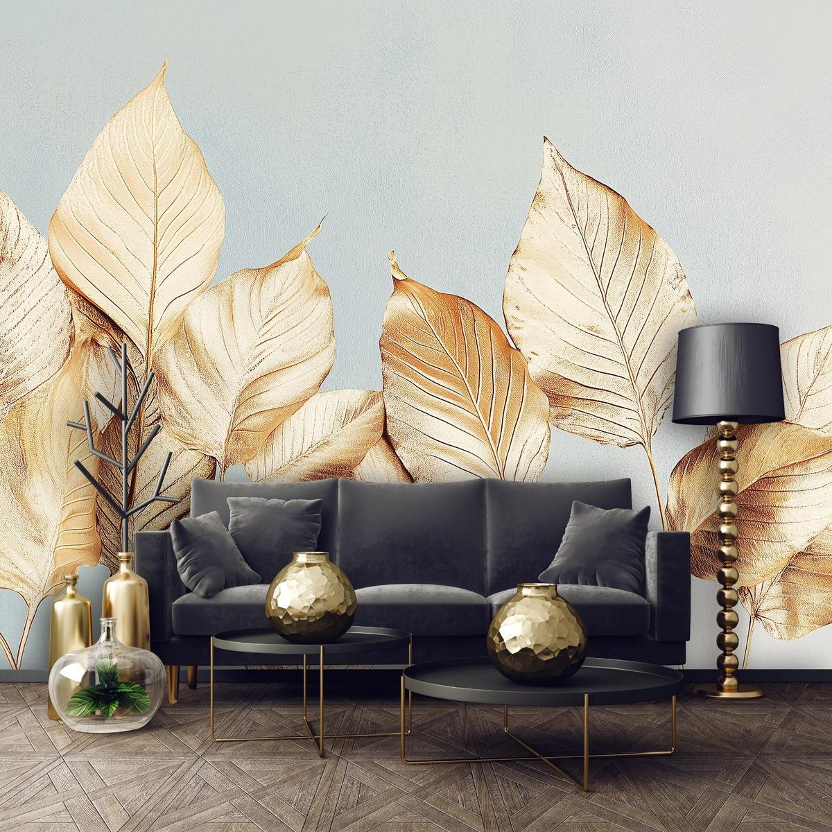 FOTOTAPETE Blätter Gold Vlies Tapete Wohnzimmer 300x210 - Multicolor, Papier (300/210cm) - Wallarena